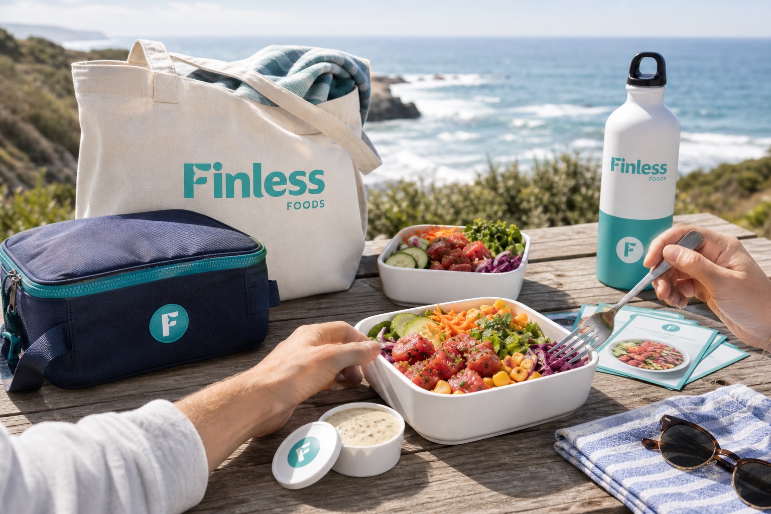 Finless Foods coastal lunch with reusable containers, tote, bottle, and lunch pouch