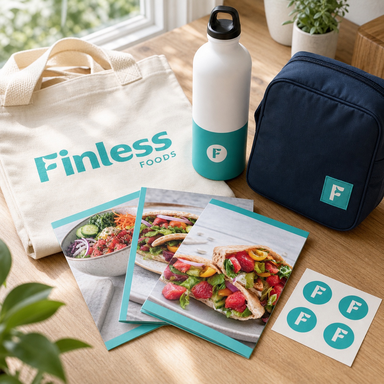 Finless Foods tote, reusable bottle, lunch pouch, recipe cards, and stickers