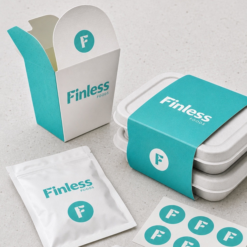 Finless Foods cartons, fiber trays, pouch, stickers, and greaseproof paper