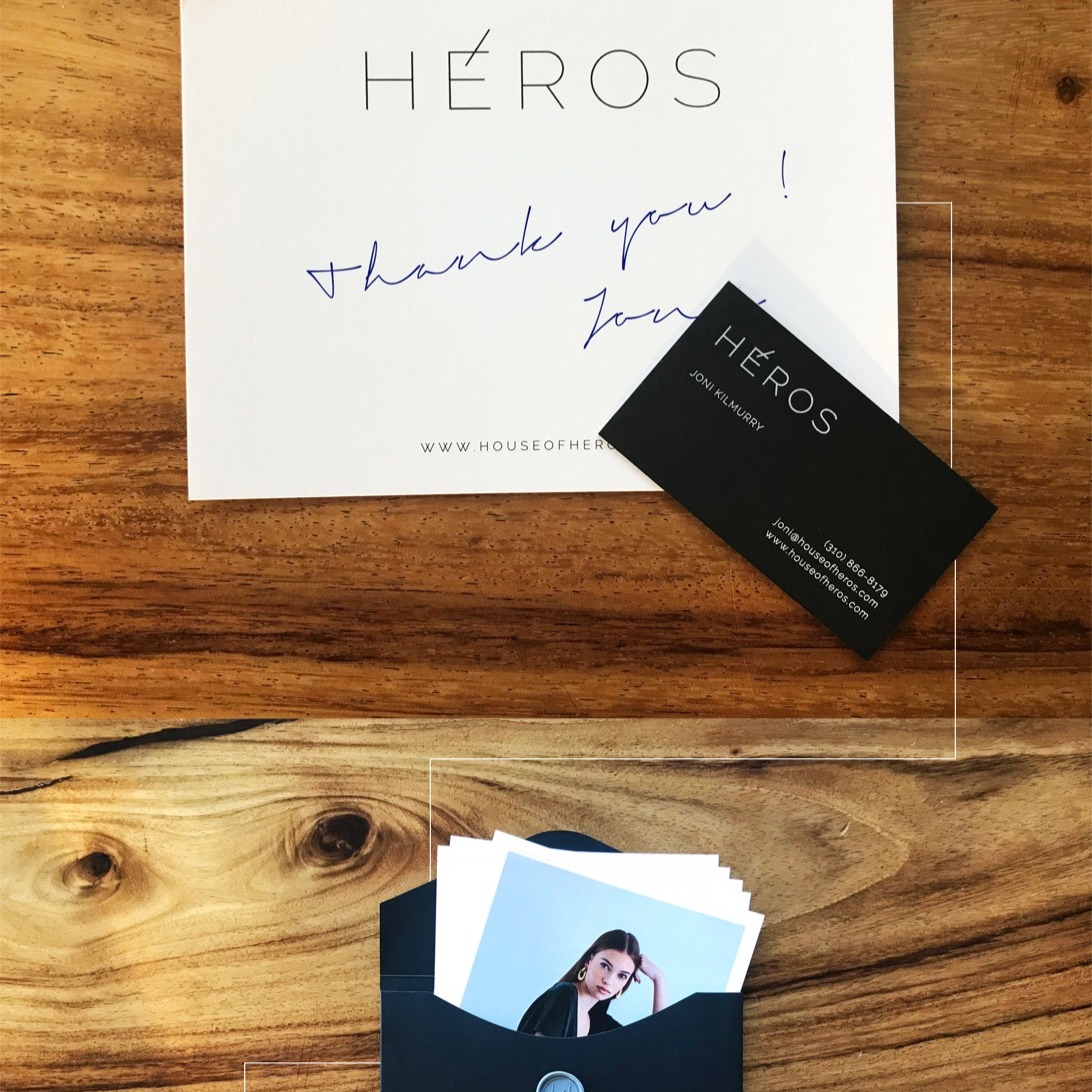 Original Héros thank-you card, business card, and printed materials