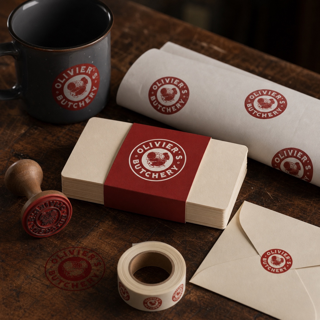 Olivier’s Butchery recipe cards, mug, stamp, paper tape, and gift envelope