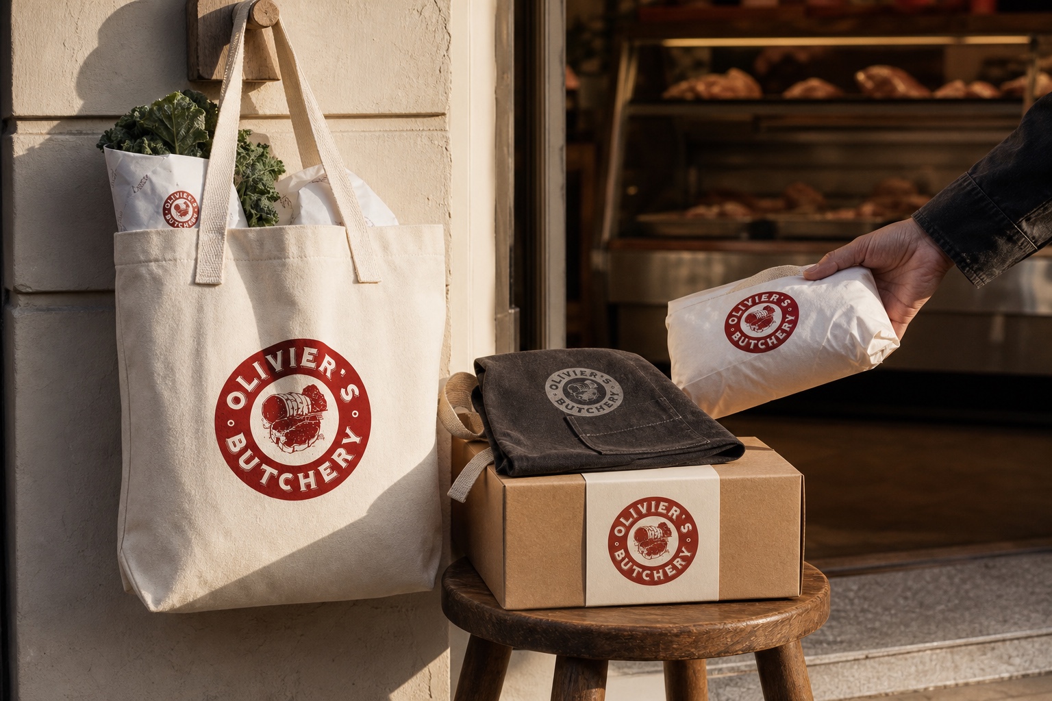 Olivier’s Butchery neighborhood pickup with tote, delivery box, apron, and wrapped parcel
