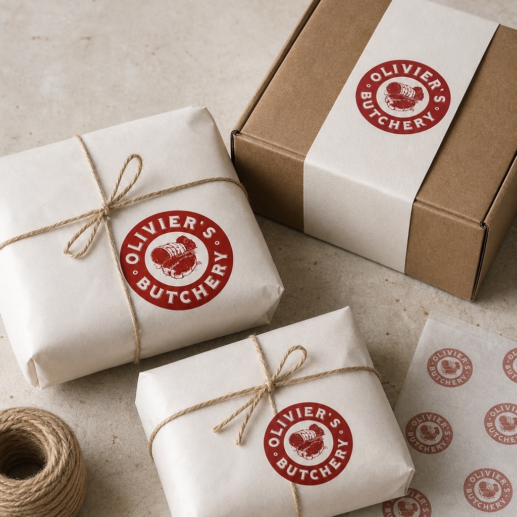 Olivier’s Butchery wrapped parcels, delivery box, labels, and butcher paper