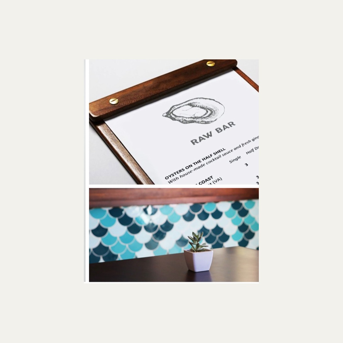 Original Prawn menu and fish-scale interior detail