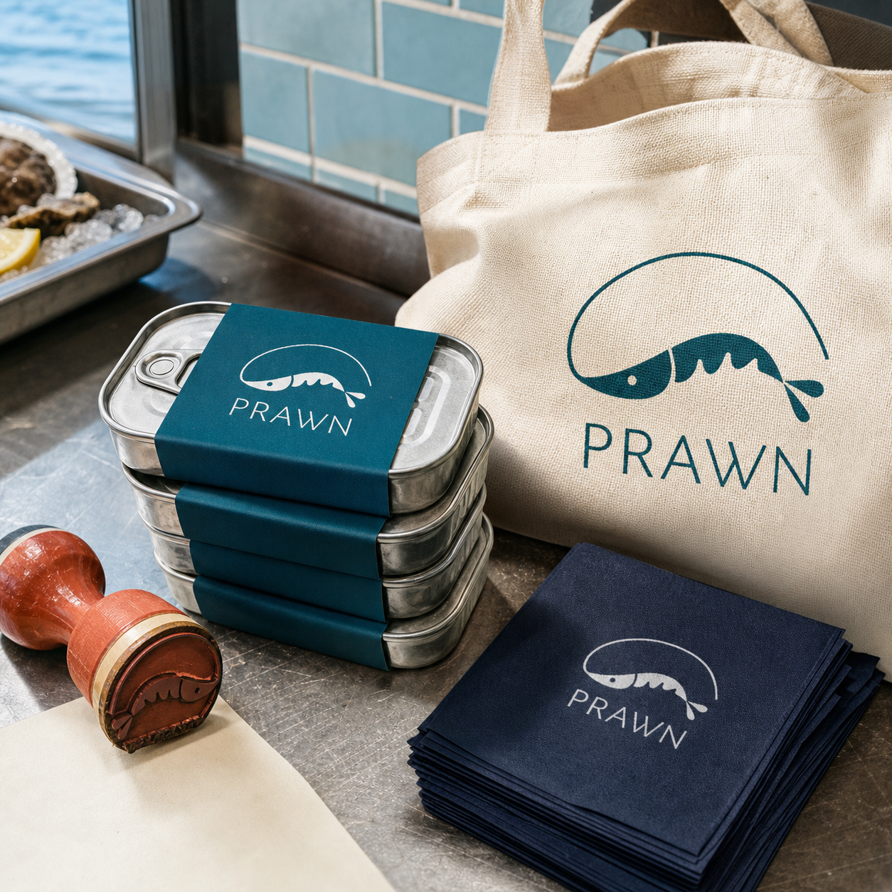 Prawn seafood tins, canvas tote, napkins, and rubber stamp
