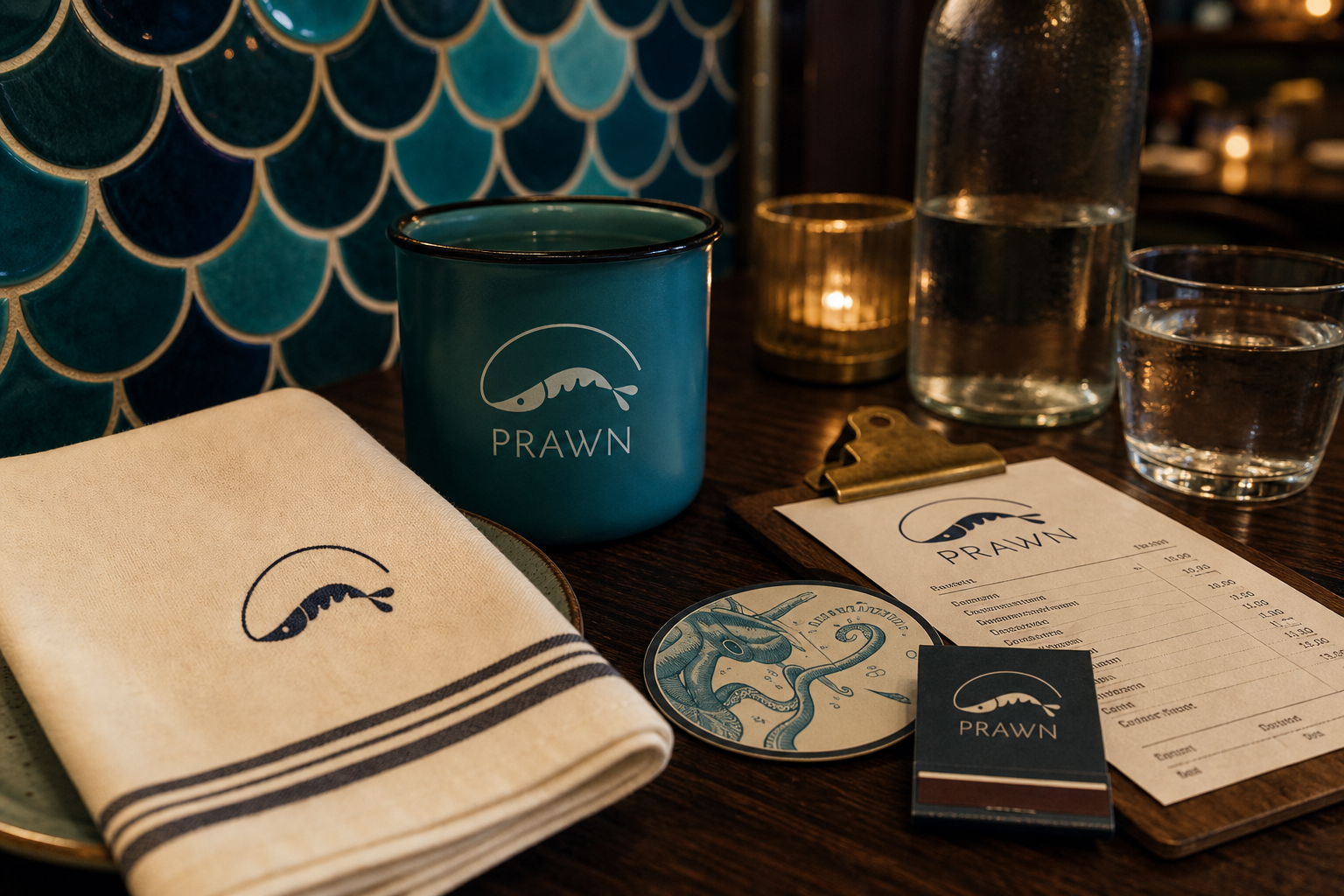 Prawn napkin, enamel cup, coaster, matchbook, and check presenter