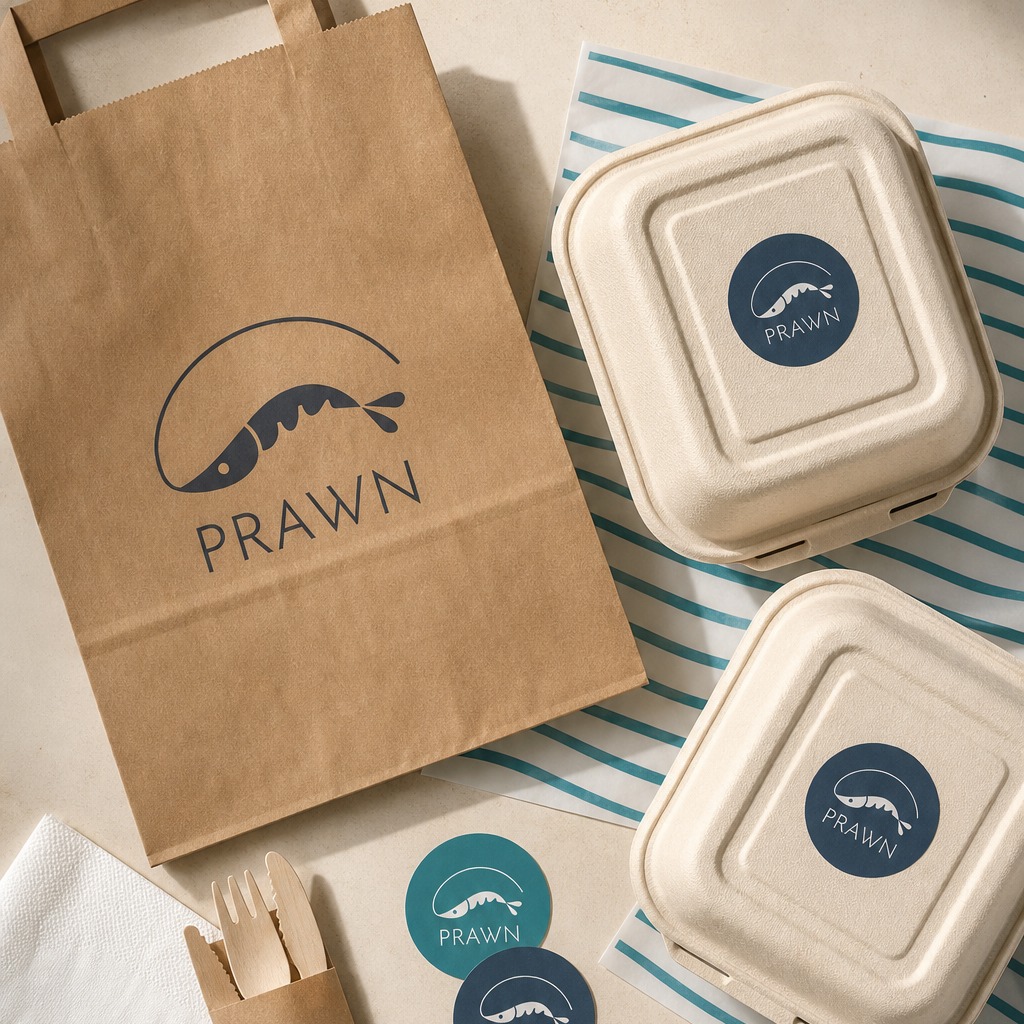 Prawn bags, boxes, wraps, stickers, napkin, and cutlery sleeve